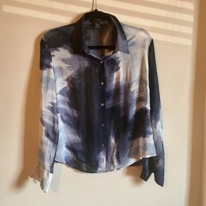 Blue and White Button Up Silk Blouse Large