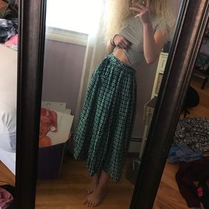 Navy blue and green plaid midi skirt with belt