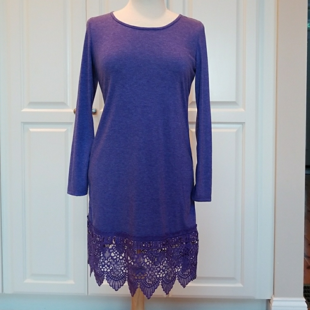 Heather blue shirt dress with lace trim