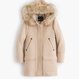 J. Crew Stadium Cloth Beige Coat with Faux Fur sz8