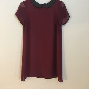 Maroon dress w faux leather black Peter Pan collar