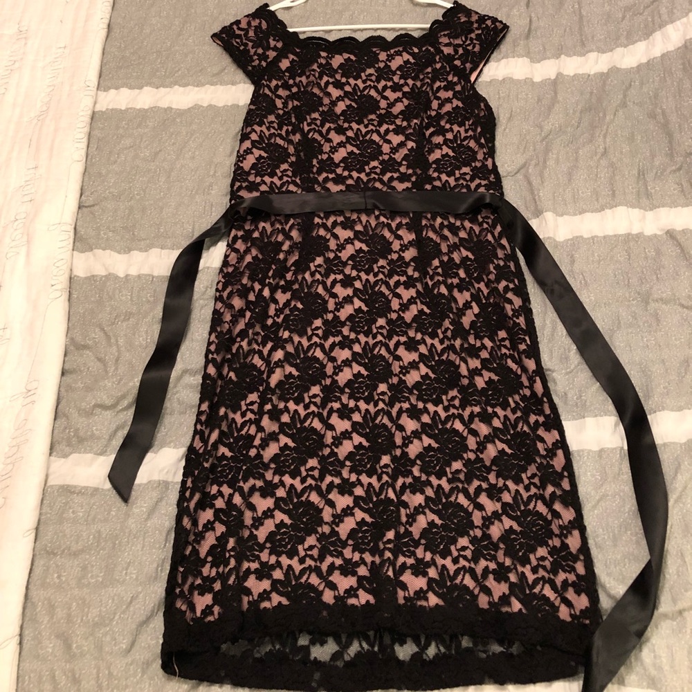 Pink dress with black lace overlay