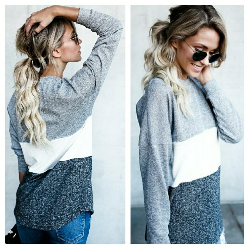 RESTOCKED! Gray & white color block cotton top - Picture 1 of 4