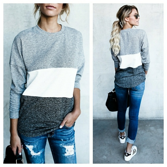 RESTOCKED! Gray & white color block cotton top - Picture 2 of 4