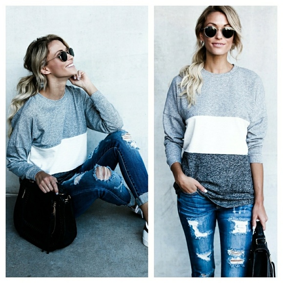 RESTOCKED! Gray & white color block cotton top - Picture 3 of 4