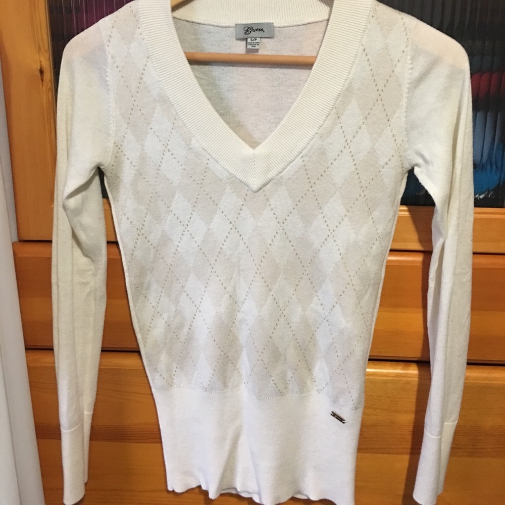 Gold and cream Guess v-neck sweater.