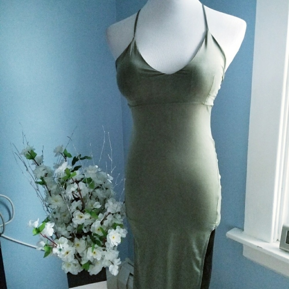 Dusty olive midi dress with side slit