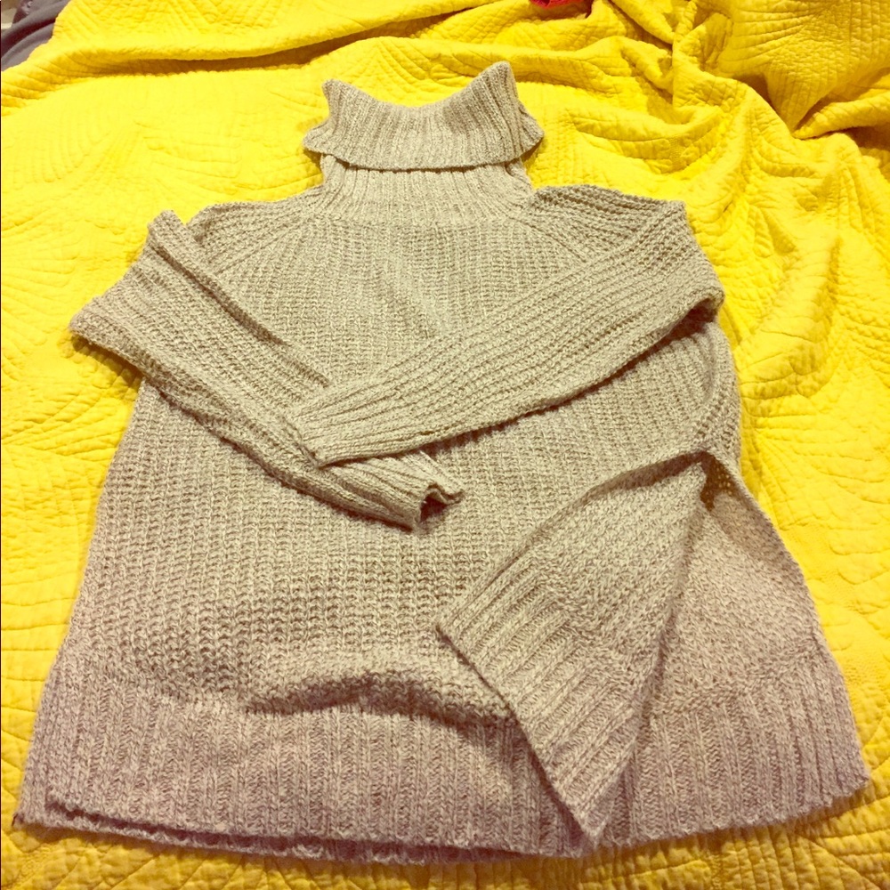 Long grey cowl neck sweater.