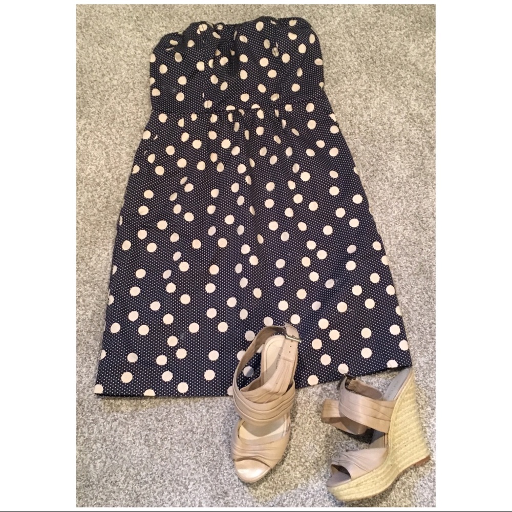 The Limited Strapless Navy Blue Polka Dot Dress