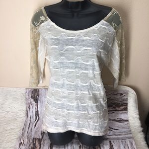 Sheer lace detail bow back textured blouse
