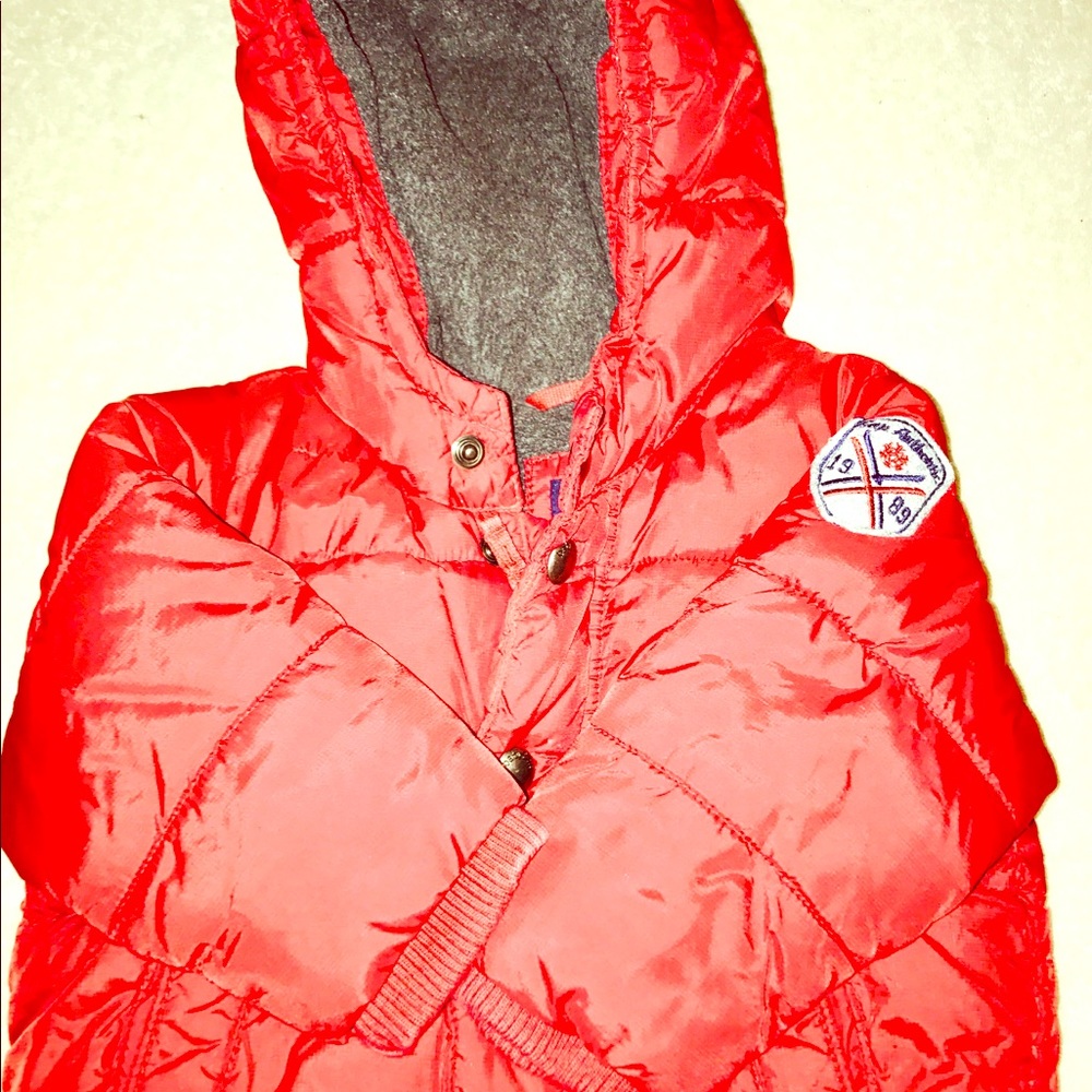 Red winter BabyGap puffer coat.