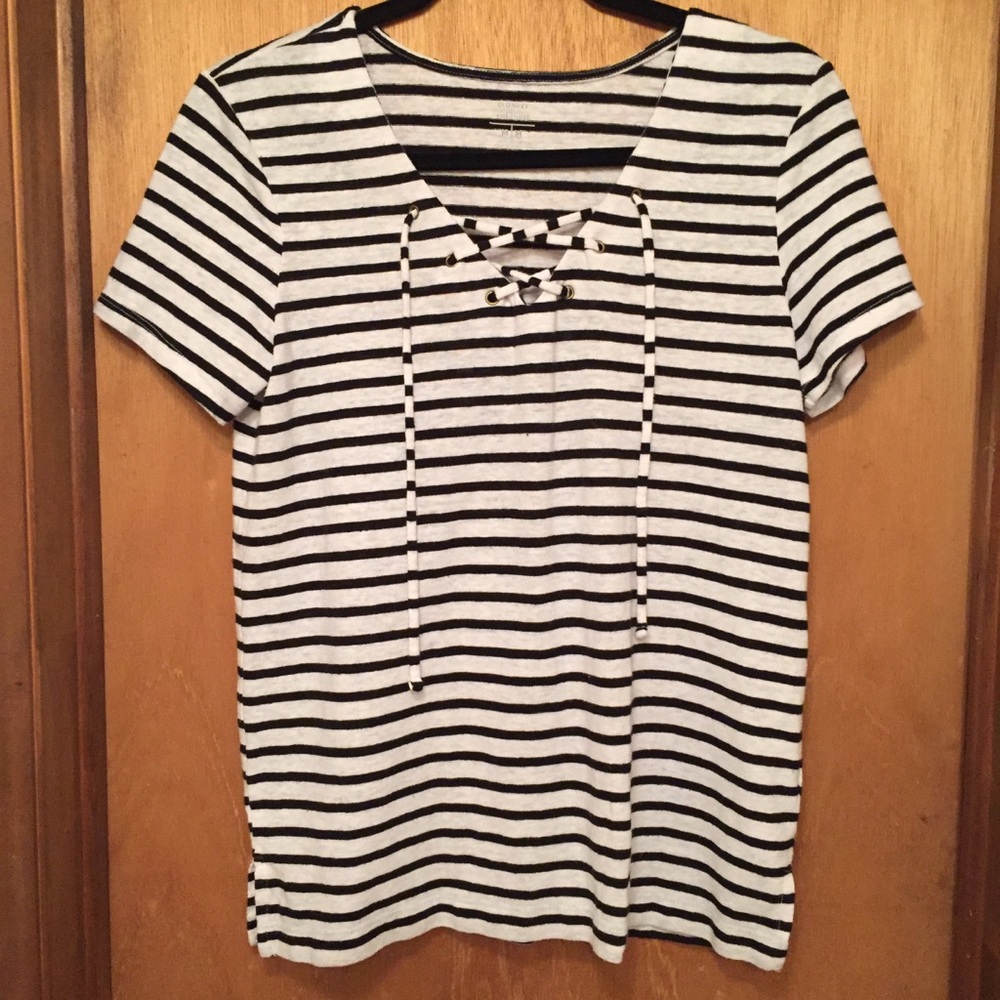 Black & White Striped Lace Up Top