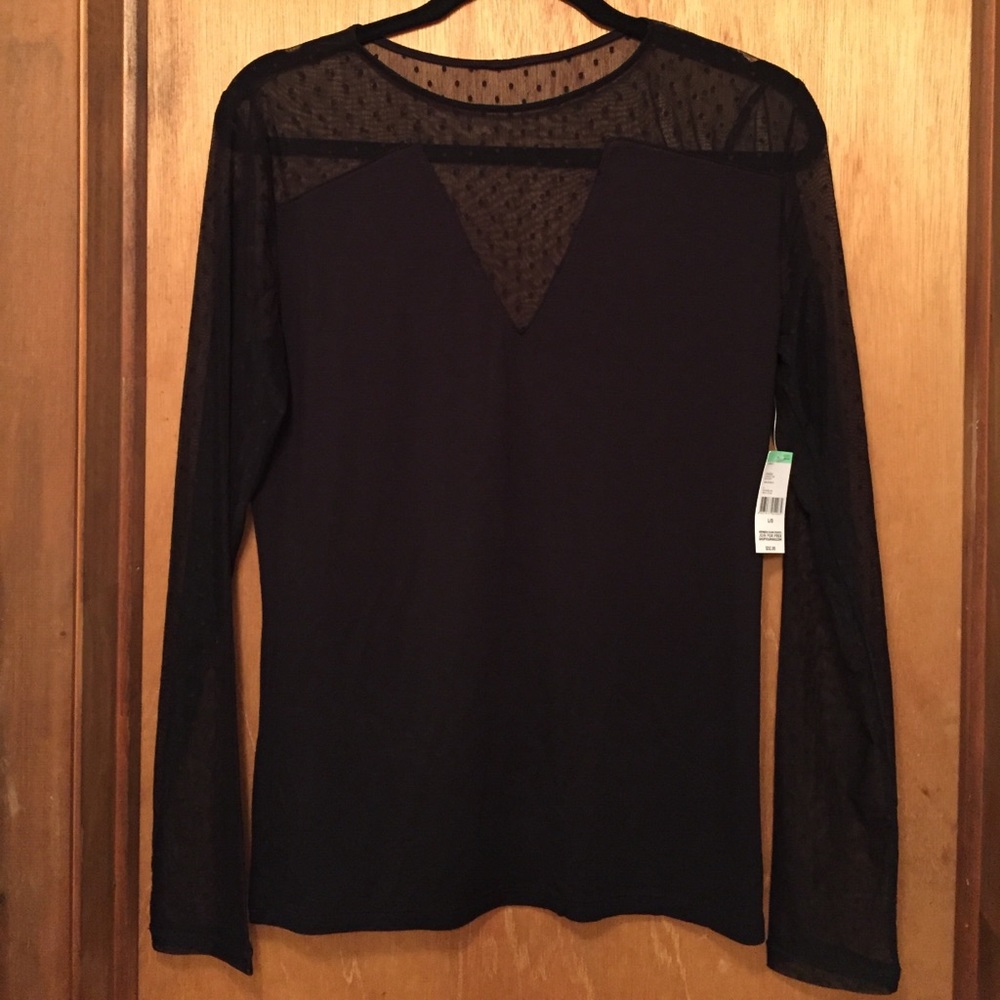 NWT Black Top With Long Sheer Polka Dot Sleeves