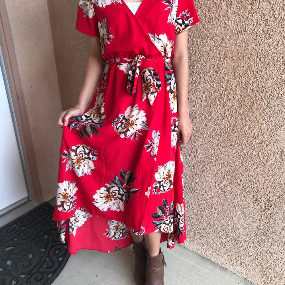 Red midi wrap dress