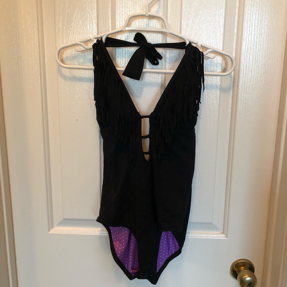 Guess black fringe one piece bathing suit