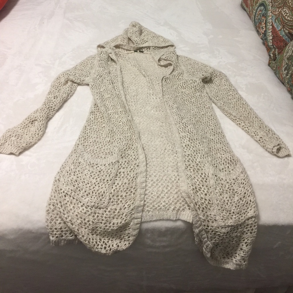Long hooded crocheted cardigan open front sweater