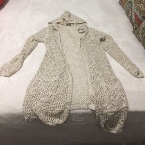 Long hooded crocheted cardigan open front sweater