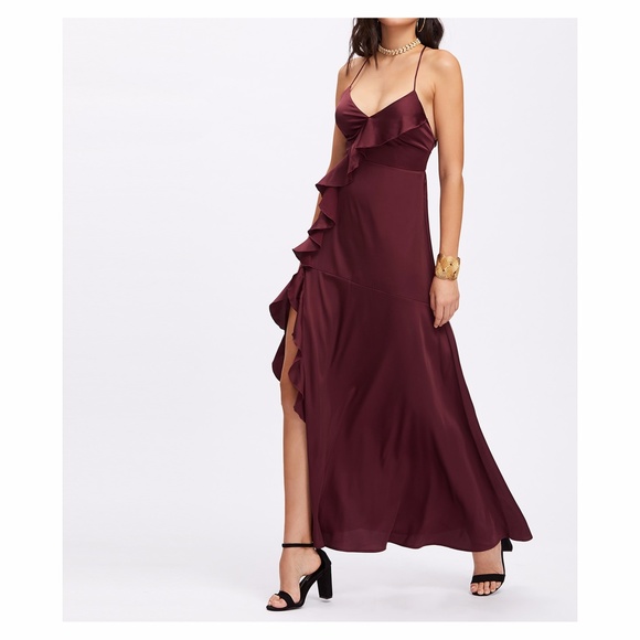 Burgundy Lace Up Back Ruffles Satin Maxi Dress - Picture 2 of 4