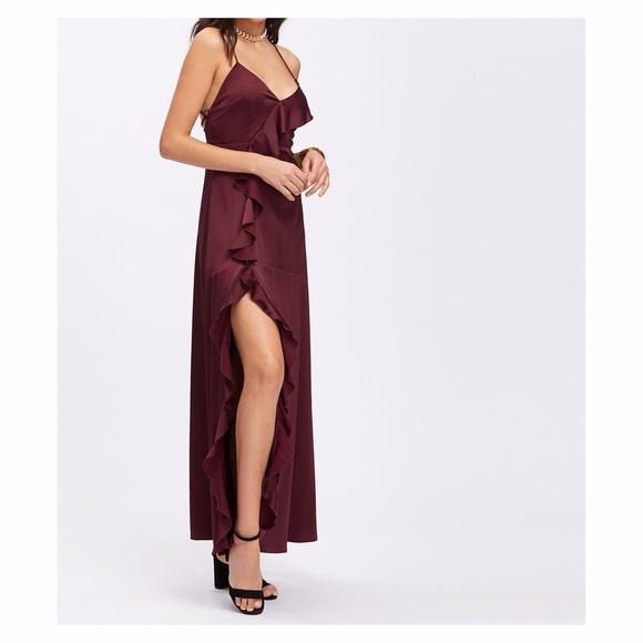 Burgundy Lace Up Back Ruffles Satin Maxi Dress - Picture 3 of 4