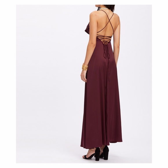 Burgundy Lace Up Back Ruffles Satin Maxi Dress - Picture 4 of 4