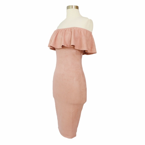 LAST ONE Pink Faux Suede Ruffle Midi Dress - Picture 6 of 7