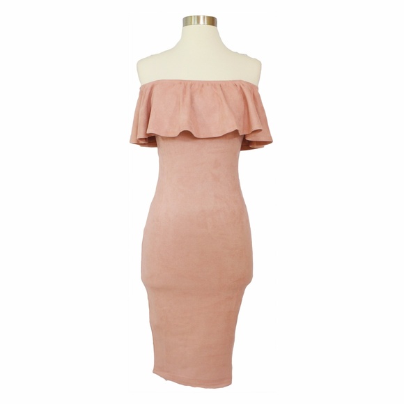LAST ONE Pink Faux Suede Ruffle Midi Dress - Picture 5 of 7