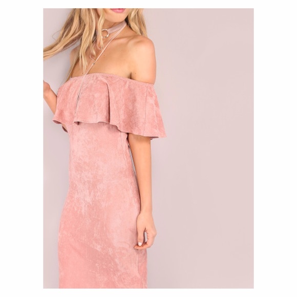 LAST ONE Pink Faux Suede Ruffle Midi Dress - Picture 4 of 7