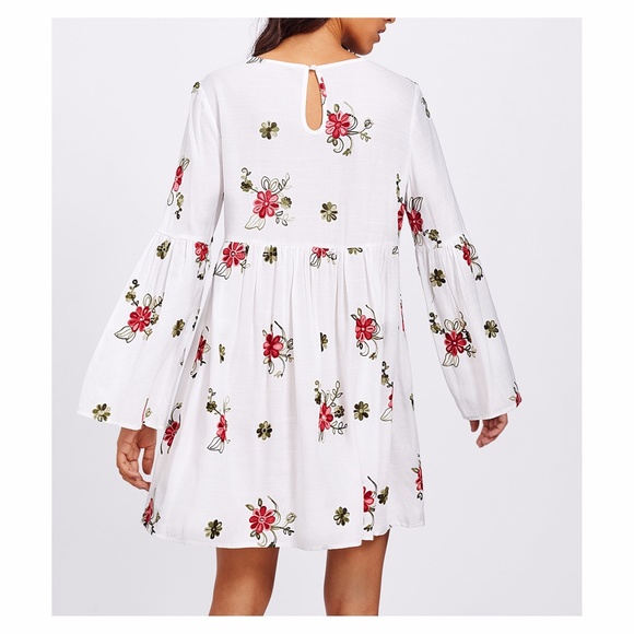 White Floral Embroidered Trumpet Sleeve Dress - Picture 2 of 4