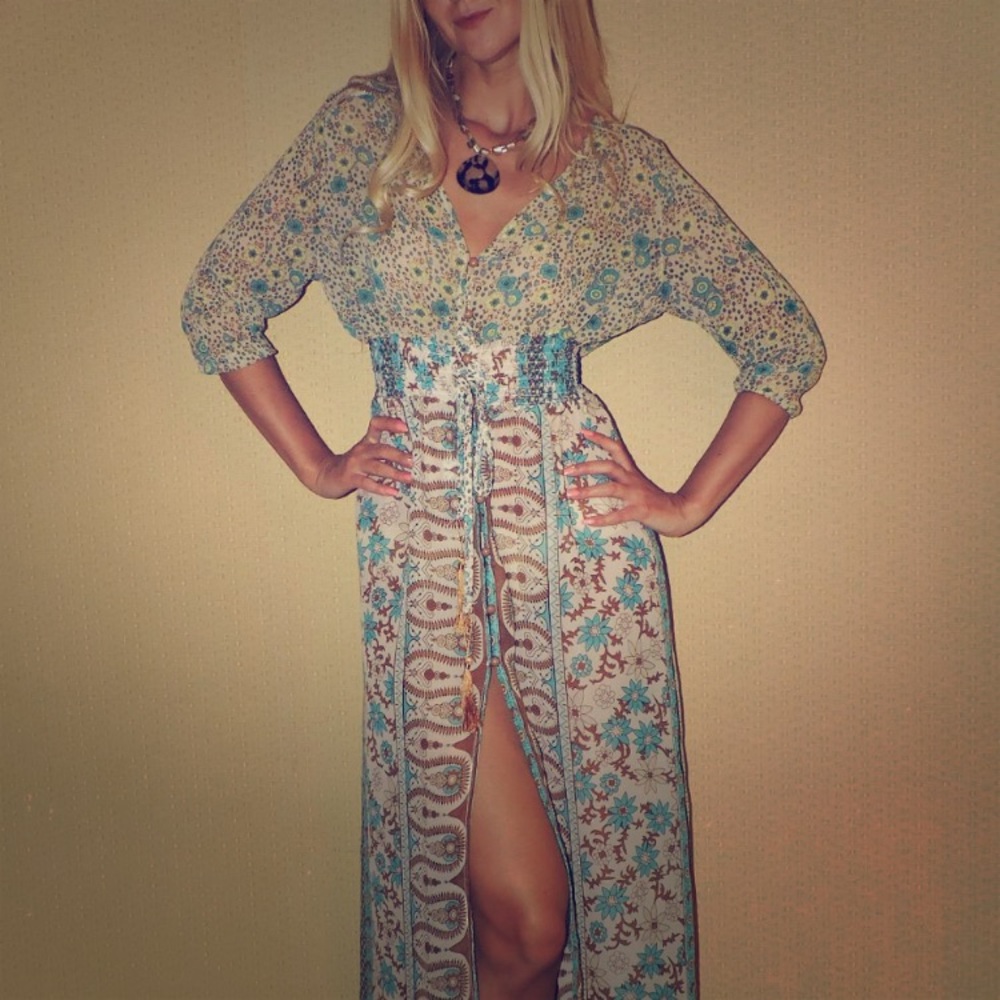 Dusty Rose Boho Turquoise Robe Coverup Maxi Dress - Picture 3 of 7