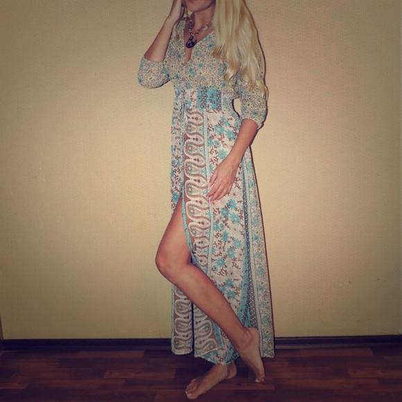 Dusty Rose Boho Turquoise Robe Coverup Maxi Dress - Picture 2 of 7