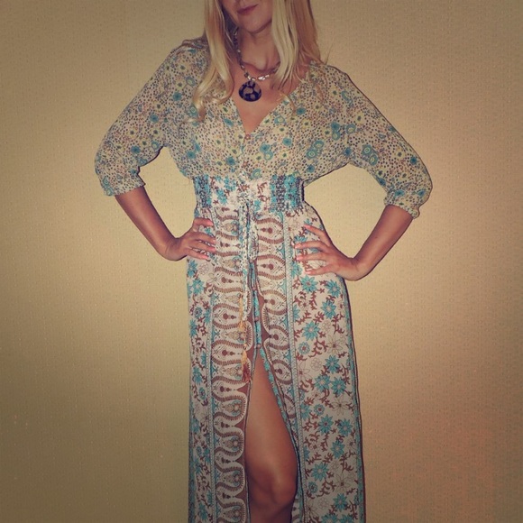 Dusty Rose Boho Turquoise Robe Coverup Maxi Dress - Picture 3 of 7