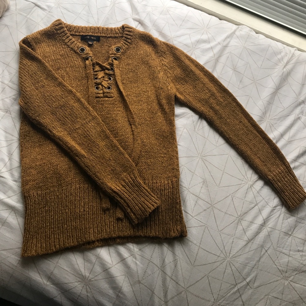 Brown, orange knitted sweater with lace front