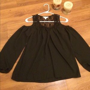 Black sheer and lace off the shoulder blouse