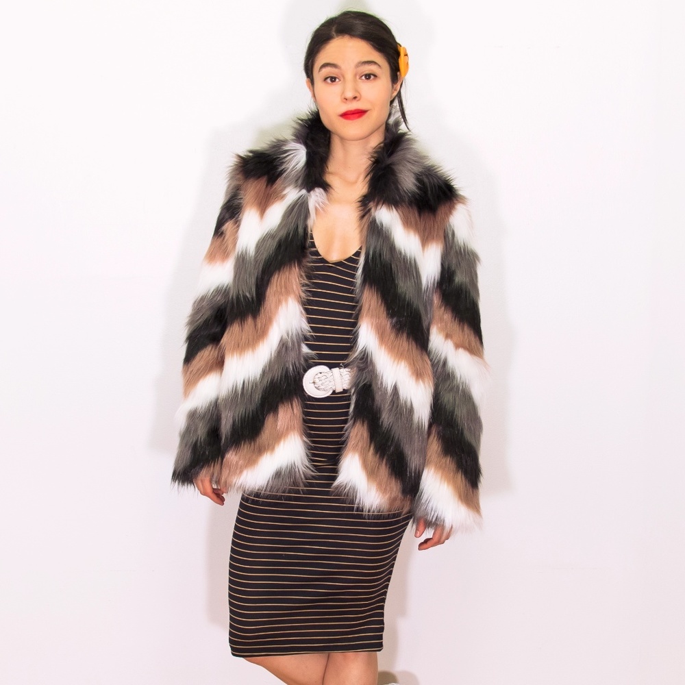Chevron faux fur coat