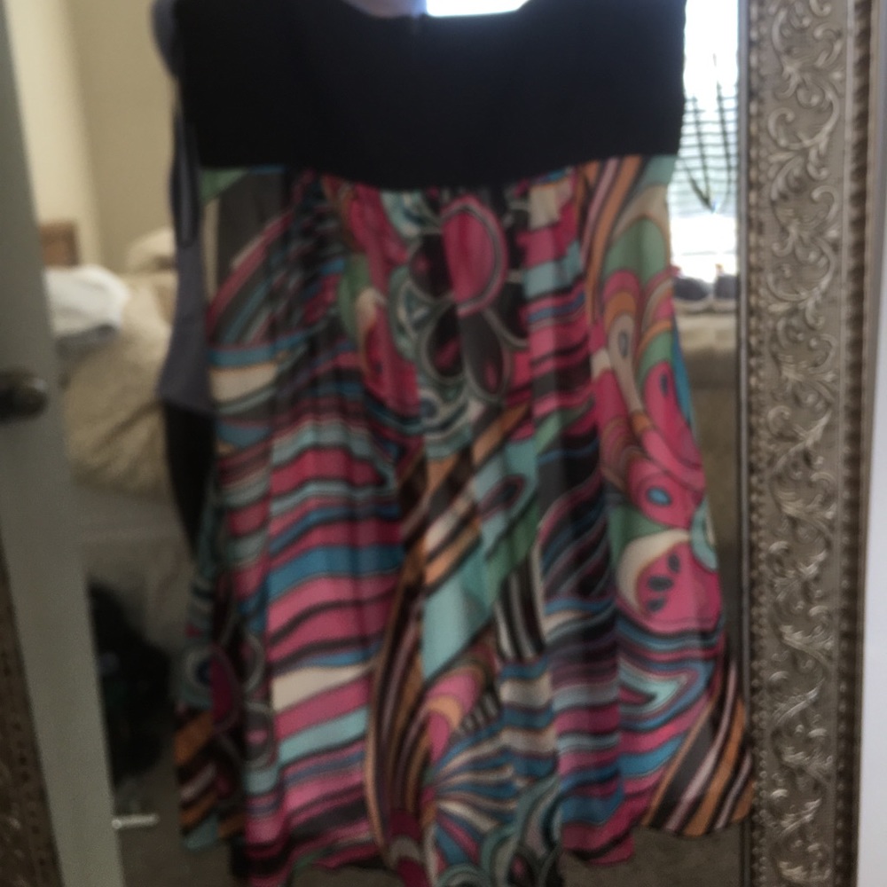 Black and multi colored cocktail dress.
