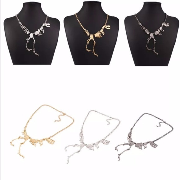 SILVER Tone Dinosaur T-Rex Skeleton Bones Necklace - Picture 4 of 4