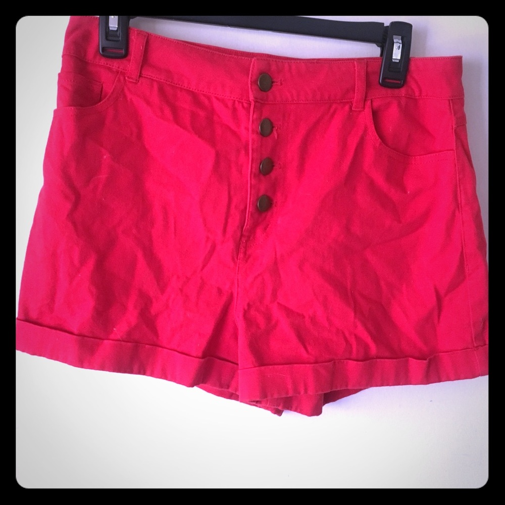 Red High Waist Jean Shorts