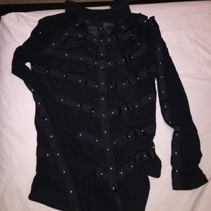 BOGO50%:Black gold stud long sleeve sheer bodysuit