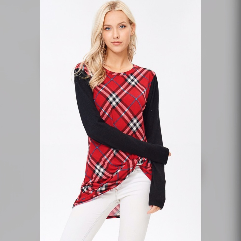 LAST 1 Gorgeous Plaid hi lo twist Tunic w/contrast - Picture 2 of 5