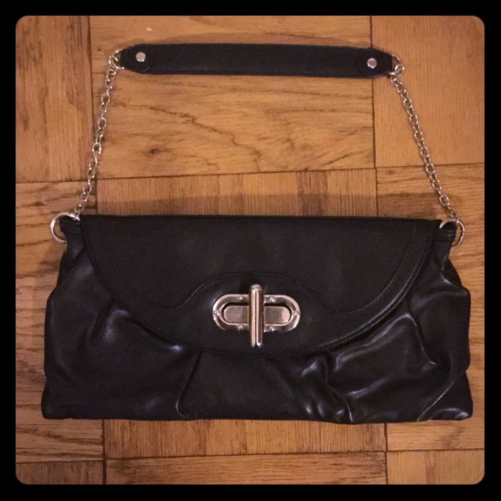 Black faux leather chain strap clutch