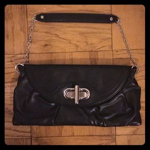 Black faux leather chain strap clutch