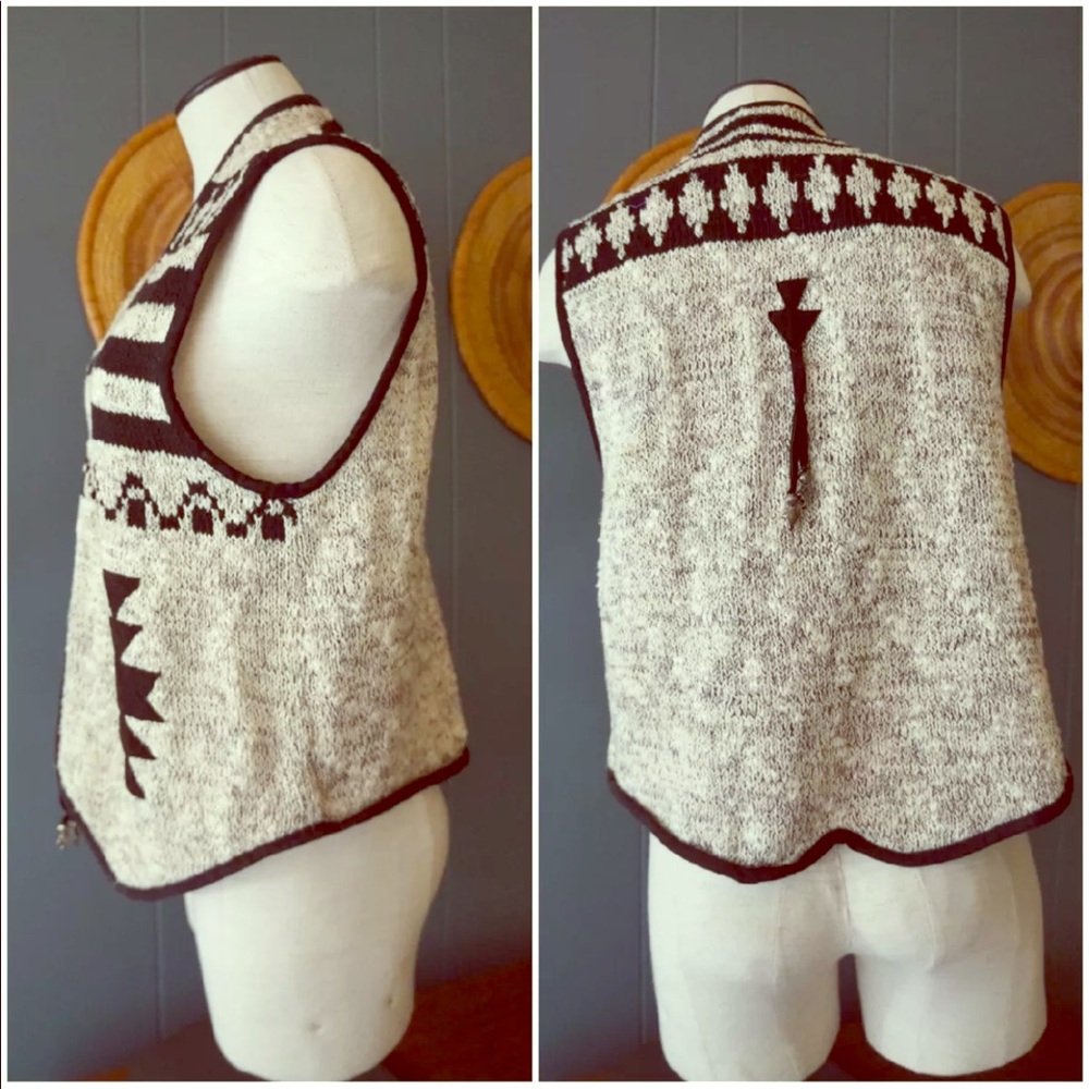 Knitted Vest Western Aztec Style Black Grey White
