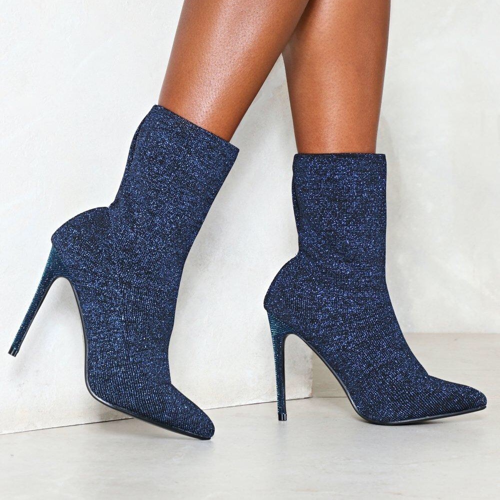 Nasty Gal Star Trekkin Blue Glitter Sock Boots