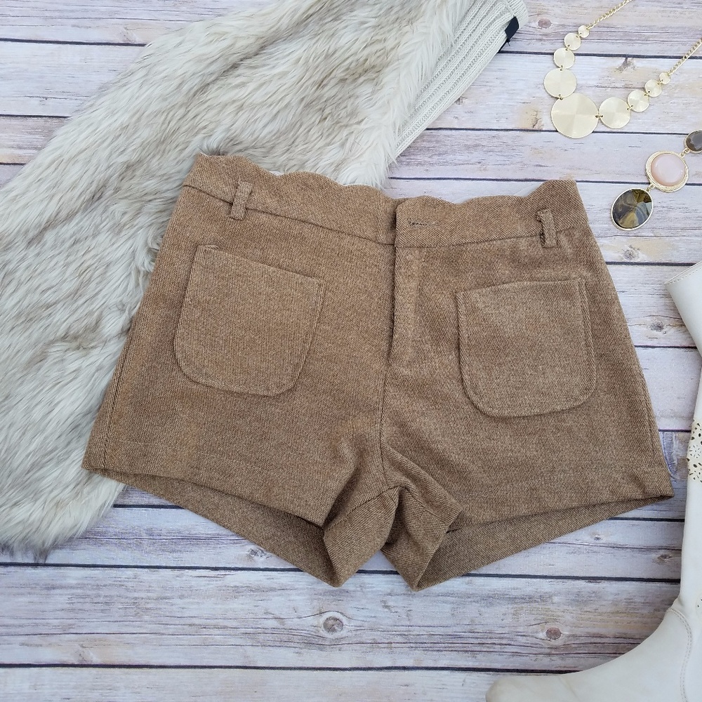 H&L Tan Faux Wool Shorts with Scalloped Waistband
