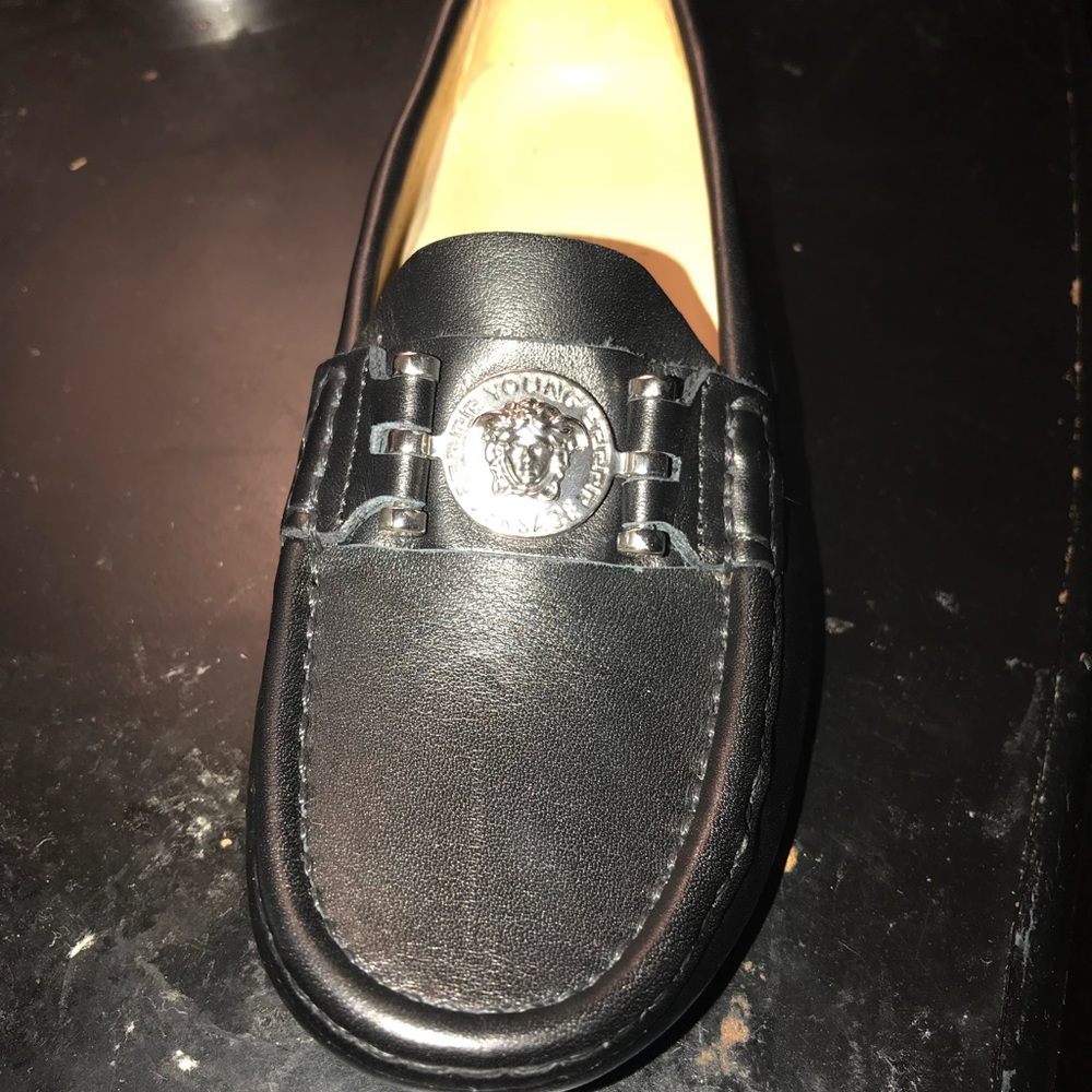 Young Versace Black Leather Medusa Moccasins