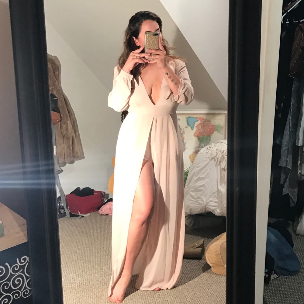 Deep cut maxi dress w shorts under