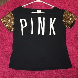 PINK crop style t-shirt w/ gold sequin on sleeves