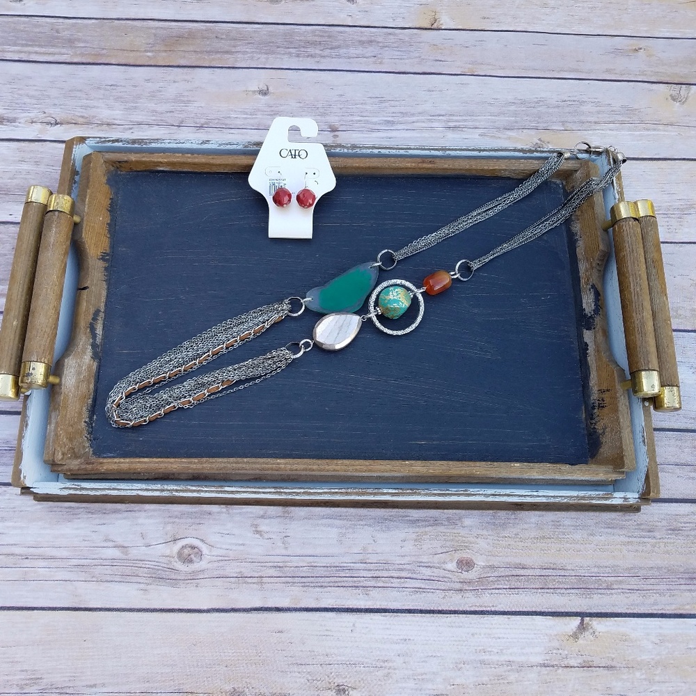 Boho Long Stone Necklace & NWT Red Earring Bundle