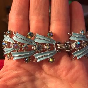 Vintage Sign ART Blue Enamel & Rhinestone Bracelet