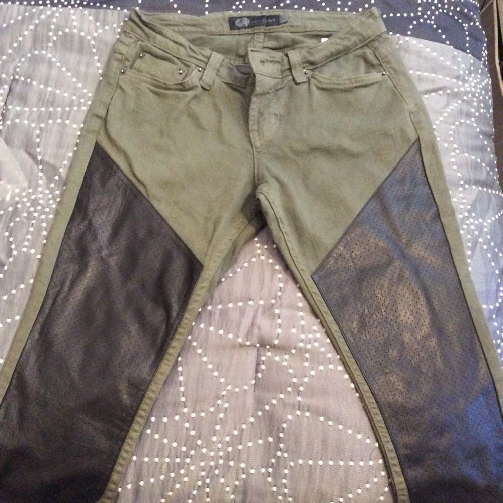 Olive green Jeans with faux leather details
